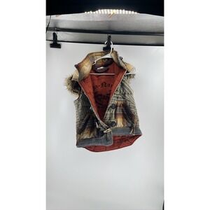 Da-Nang Women's Plaid Fur Hooded Vest M Y2K